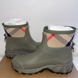 Burberry Olive Green Rubber Ankle Boots with Beige Check Trim